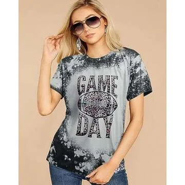 Game Day Football Shirts Women Football Graphic Tshirts Game Day Leopard Bleached Tees Vacation Short Sleeve Shirts Top