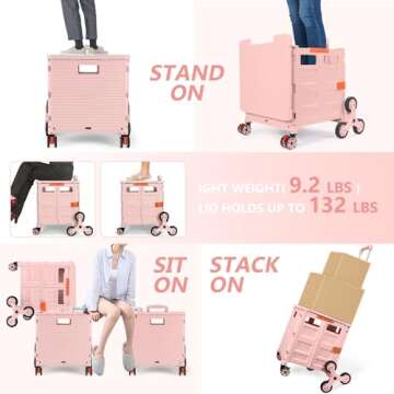 Foldable Utility Cart with Stair Climbing Wheels,Collapsible Rolling Crate with Magnetic Lid Telesco...