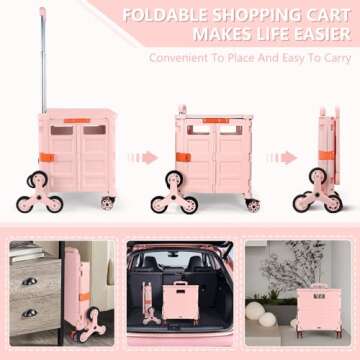 Foldable Utility Cart with Stair Climbing Wheels,Collapsible Rolling Crate with Magnetic Lid Telescopic Cover,Telescoping Handle,360° Rotate Wheel Hand Cart for Teacher Shopping Moving Grocery(Pink)