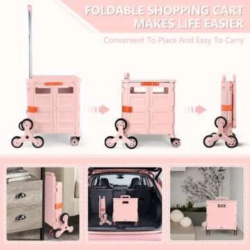 Foldable Utility Cart with Stair Climbing Wheels,Collapsible Rolling Crate with Magnetic Lid Telescopic Cover,Telescoping Handle,360° Rotate Wheel Hand Cart for Teacher Shopping Moving Grocery(Pink)