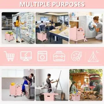 Foldable Utility Cart with Stair Climbing Wheels,Collapsible Rolling Crate with Magnetic Lid Telescopic Cover,Telescoping Handle,360° Rotate Wheel Hand Cart for Teacher Shopping Moving Grocery(Pink)