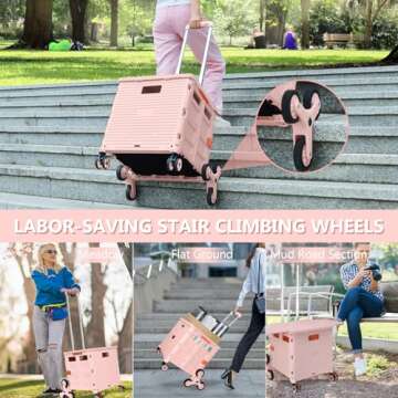 Foldable Utility Cart with Stair Climbing Wheels,Collapsible Rolling Crate with Magnetic Lid Telescopic Cover,Telescoping Handle,360° Rotate Wheel Hand Cart for Teacher Shopping Moving Grocery(Pink)
