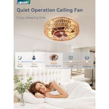 LEDIARY 20in Boho Ceiling Fans With Lights And Remote, Rattan Caged Ceiling Fan, Farmhouse Bamboo Fl...