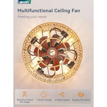 LEDIARY 20in Boho Ceiling Fans With Lights And Remote, Rattan Caged Ceiling Fan, Farmhouse Bamboo Flush Mount Ceiling Fan For Bedroom, Living Room, Kitchen(6 Speed, Timing, No Beep)