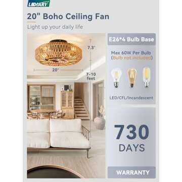 LEDIARY 20in Boho Ceiling Fans With Lights And Remote, Rattan Caged Ceiling Fan, Farmhouse Bamboo Flush Mount Ceiling Fan For Bedroom, Living Room, Kitchen(6 Speed, Timing, No Beep)