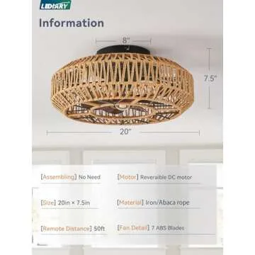 LEDIARY 20in Boho Ceiling Fans With Lights And Remote, Rattan Caged Ceiling Fan, Farmhouse Bamboo Flush Mount Ceiling Fan For Bedroom, Living Room, Kitchen(6 Speed, Timing, No Beep)