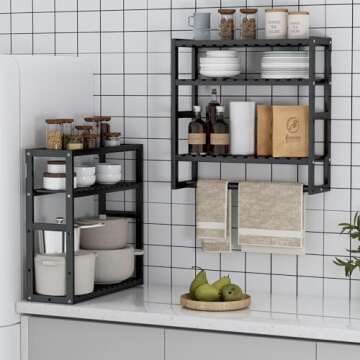 PPN Towel Rack Bathroom Storage Shelves Over The Toilet with Towel Bar 100% Bamboo Adjustable Height Floating Shelf Wall Shower Shelf for Small Space Bathroom Kitchen Multi Usage (Black-1Pack)