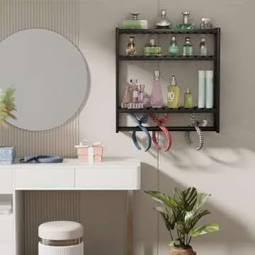 PPN Towel Rack Bathroom Storage Shelves Over The Toilet with Towel Bar 100% Bamboo Adjustable Height Floating Shelf Wall Shower Shelf for Small Space Bathroom Kitchen Multi Usage (Black-1Pack)