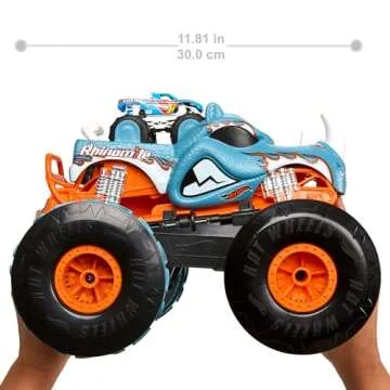 Hot Wheels Monster Trucks RC Toy, Remote-Control Transforming Rhinomite in 1:12 Scale & 1:64 Scale Race Ace, Converts into Launcher, Connects to Track