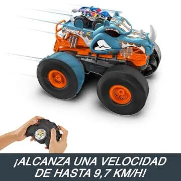 Hot Wheels Monster Trucks RC Toy, Remote-Control Transforming Rhinomite in 1:12 Scale & 1:64 Scale Race Ace, Converts into Launcher, Connects to Track