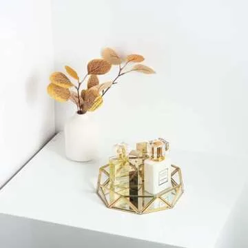 Feyarl Small Gold Glass Perfume Tray Jewelry Trinket Organizer Tray Ornate Vanity Cosmetic Makeup Display Decorative Tray for Home Decor Dresser Tabletop Countertop (7inch)