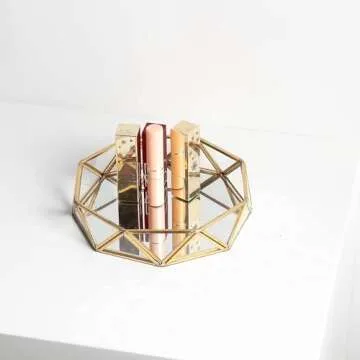 Feyarl Small Gold Glass Perfume Tray Jewelry Trinket Organizer Tray Ornate Vanity Cosmetic Makeup Display Decorative Tray for Home Decor Dresser Tabletop Countertop (7inch)