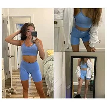 Ourgifts Workout Sets for Women 2 Piece Outfits Gym Shorts Women High Waisted with Adjustable Padded Sports Bra Gym Sets（A0010S-Blue）