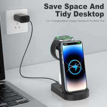 INNISTO Wireless Charging Station,3 in 1 Charger Station for iPhone 15/14/13/12/11 Pro/Pro Max,Wireless Stand Dock Apple Watch Ultra 9/8/7/6/5/4/3/2/SE AirPods Pro 3 2 Black