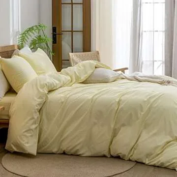 BESTOUCH Duvet Cover Set 100% Washed Cotton Linen Feel Super Soft Comfortable Chic Lightweight 2 PCs Home Bedding Set Solid Light Yellow Twin/Twin XL