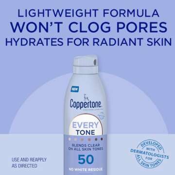 Coppertone Every Tone Sunscreen Spray SPF 50, Lightweight, Blends in Clear Sunscreen for All Skin Tones, Formulated with Nourishing Vitamin E, 5 Oz Bottle