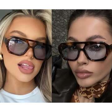 BAODAREN Trendy Aviator Sunglasses for Women Men Hexagonal Square Thick Frame Double Bridge Sun Glasses Shades BS1300 (Leopard/Light Gray)