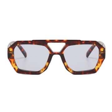 BAODAREN Trendy Aviator Sunglasses for Women Men Hexagonal Square Thick Frame Double Bridge Sun Glasses Shades BS1300 (Leopard/Light Gray)