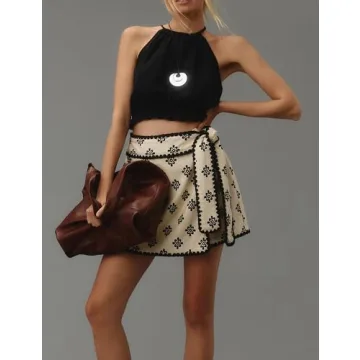 Tomosc Wrap Skirt for Women Casual Mini Skirt Knot Side Elastic Waist Bodycon Flowy Print Short (11W-Beige-XL)