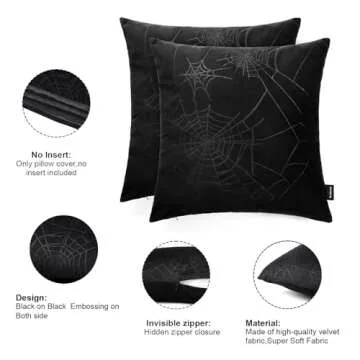 BLACKTHX Pack of 2 Decorative Throw Pillow Covers Black Gothic Pillowcase Velvet Soft for Couch Sofa Bedroom 20x20 Inches Black On Black Print
