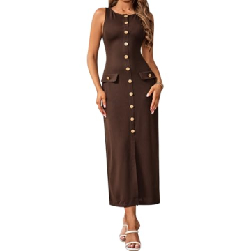 HTZMO Women's Sleeveless Sweater Maxi Dress Bodycon Button Ribbed Knit Pullover Casual Long Dresses ...