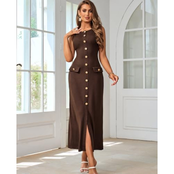 HTZMO Women's Sleeveless Sweater Maxi Dress Bodycon Button Ribbed Knit Pullover Casual Long Dresses for Office Work Brown XL