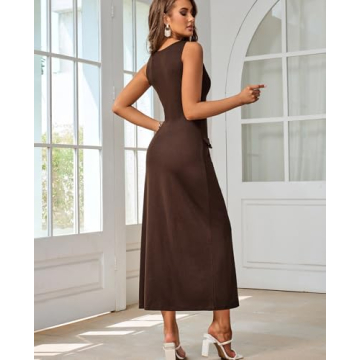 HTZMO Women's Sleeveless Sweater Maxi Dress Bodycon Button Ribbed Knit Pullover Casual Long Dresses for Office Work Brown XL