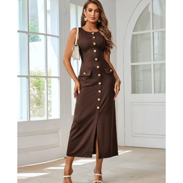 HTZMO Women's Sleeveless Sweater Maxi Dress Bodycon Button Ribbed Knit Pullover Casual Long Dresses for Office Work Brown XL