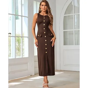 HTZMO Women's Sleeveless Sweater Maxi Dress Bodycon Button Ribbed Knit Pullover Casual Long Dresses for Office Work Brown XL