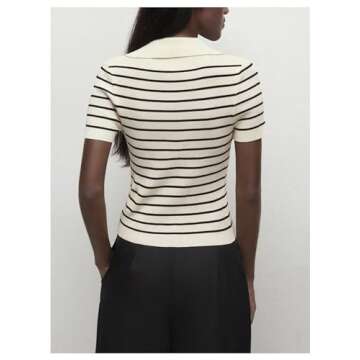 Verdusa Women's Striped Ribbed Knit Button Down Sweater Top Collar Short Sleeve Tee Apricot Large