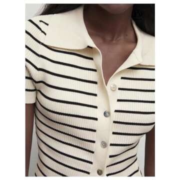 Verdusa Women's Striped Ribbed Knit Button Down Sweater Top Collar Short Sleeve Tee Apricot Large