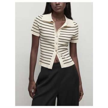 Verdusa Women's Striped Ribbed Knit Button Down Sweater Top Collar Short Sleeve Tee Apricot Large