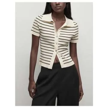 Verdusa Women's Striped Ribbed Knit Button Down Sweater Top Collar Short Sleeve Tee Apricot Large