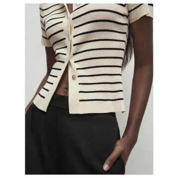 Verdusa Women's Striped Ribbed Knit Button Down Sweater Top Collar Short Sleeve Tee Apricot Large