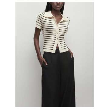 Verdusa Women's Striped Ribbed Knit Button Down Sweater Top Collar Short Sleeve Tee Apricot Large