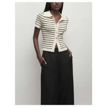 Verdusa Women's Striped Ribbed Knit Button Down Sweater Top Collar Short Sleeve Tee Apricot Large