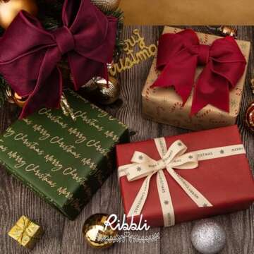 Ribbli Christmas Wrapping Paper, 3 Rolls Brown Red Green Kraft Vintage Wrapping Paper Rolls, Candy Cane Christmas Printed Assortment, Mini Roll 17 inch x 120 inch(10feet) Per Roll