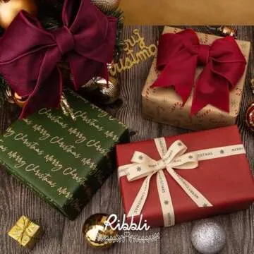 Ribbli Christmas Wrapping Paper, 3 Rolls Brown Red Green Kraft Vintage Wrapping Paper Rolls, Candy Cane Christmas Printed Assortment, Mini Roll 17 inch x 120 inch(10feet) Per Roll