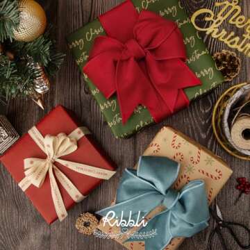 Ribbli Christmas Wrapping Paper, 3 Rolls Brown Red Green Kraft Vintage Wrapping Paper Rolls, Candy Cane Christmas Printed Assortment, Mini Roll 17 inch x 120 inch(10feet) Per Roll