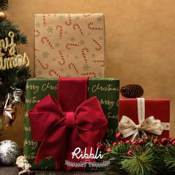 Ribbli Christmas Wrapping Paper, 3 Rolls Brown Red Green Kraft Vintage Wrapping Paper Rolls, Candy Cane Christmas Printed Assortment, Mini Roll 17 inch x 120 inch(10feet) Per Roll