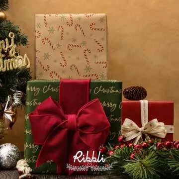 Ribbli Christmas Wrapping Paper, 3 Rolls Brown Red Green Kraft Vintage Wrapping Paper Rolls, Candy Cane Christmas Printed Assortment, Mini Roll 17 inch x 120 inch(10feet) Per Roll