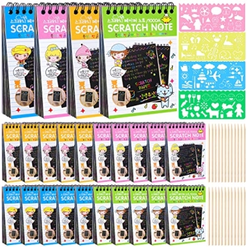 YSCare 24 Pack Scratch Arts and Crafts Notebooks, Rainbow Scratch Arts Paper with 24 Wooden Stylus a...