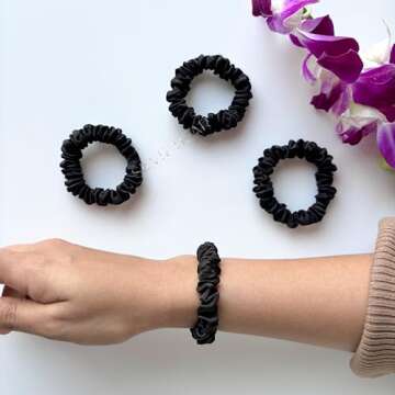 Silvr Bear Luxury Satin Skinny Scrunchies, 6 Count - Black Skinny, Hair Ties for Women, Girls and Me...