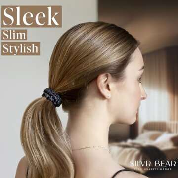 Silvr Bear Luxury Satin Skinny Scrunchies, 6 Count - Black Skinny, Hair Ties for Women, Girls and Men, Softer than Silk Scrunchies, Hair Accessories for All Hair Types