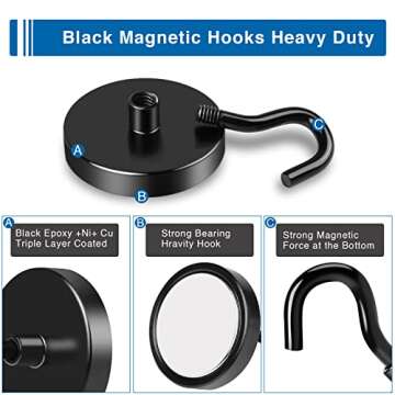 LOVIMAG Black Magnetic Hooks Heavy Duty, 110lbs Strong Neodymium Magnet Hooks with Epoxy Coating for Cruise Cabins, Magnets with Hooks for Locker, Classroom, Kitchen,Office,Metal Door etc-4 Pack