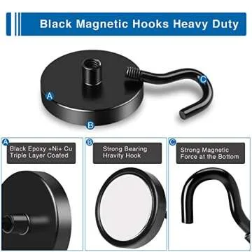 LOVIMAG Black Magnetic Hooks Heavy Duty, 110lbs Strong Neodymium Magnet Hooks with Epoxy Coating for Cruise Cabins, Magnets with Hooks for Locker, Classroom, Kitchen,Office,Metal Door etc-4 Pack