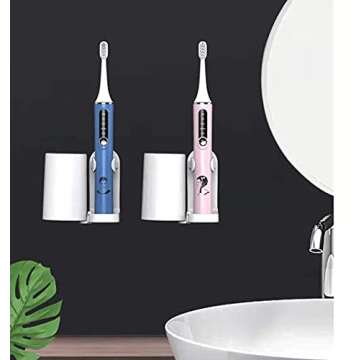 Furiencindy two-in-one wall-mounted storage rack Self-adhesive electric toothbrush holder, 4 brushless wall-mounted toothbrush holders, adjustable non-porous bathroom mouthwash cup storage rack, white