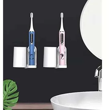 Furiencindy two-in-one wall-mounted storage rack Self-adhesive electric toothbrush holder, 4 brushless wall-mounted toothbrush holders, adjustable non-porous bathroom mouthwash cup storage rack, white