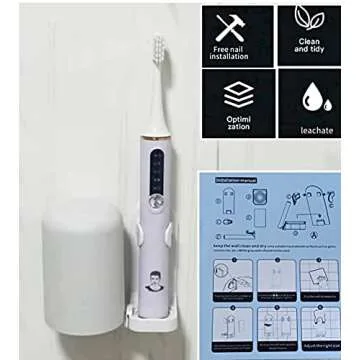 Furiencindy two-in-one wall-mounted storage rack Self-adhesive electric toothbrush holder, 4 brushless wall-mounted toothbrush holders, adjustable non-porous bathroom mouthwash cup storage rack, white