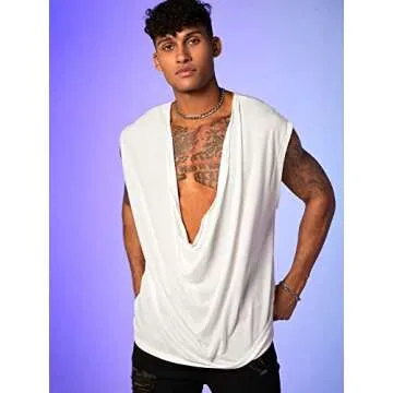 WDIRARA Men's Cowl Neck Draped Cap Sleeve Tank Top Summer Casual T Shirt Tops White L